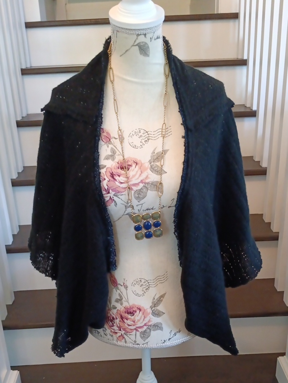 + Vintage Black Open-Front Pointelle Knit Shrug with metallic trim